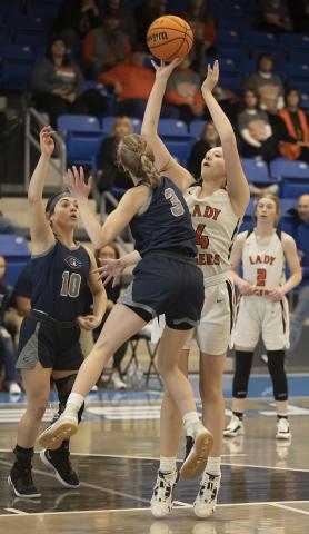 Sterling’s Kinley Mansel shoots over a defender during regional tournament action against Cordell. Sterling was eliminated from the Class A playoffs after losing to Okeene last week. HUGH SCOTT JR. | SOUTHWEST CHRONICLE